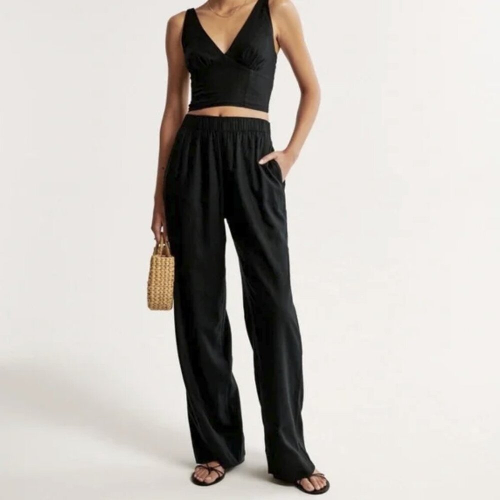 Abercrombie & Fitch Women's Linen-Blend Pull-On Pants Black XLR